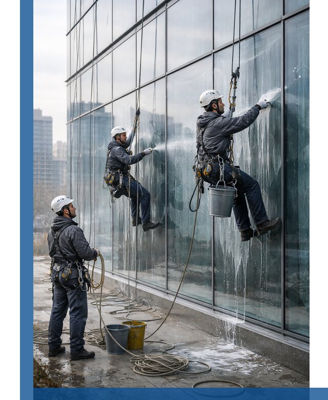 Промышленная мойка панорамных окон на высоте в Боровичах