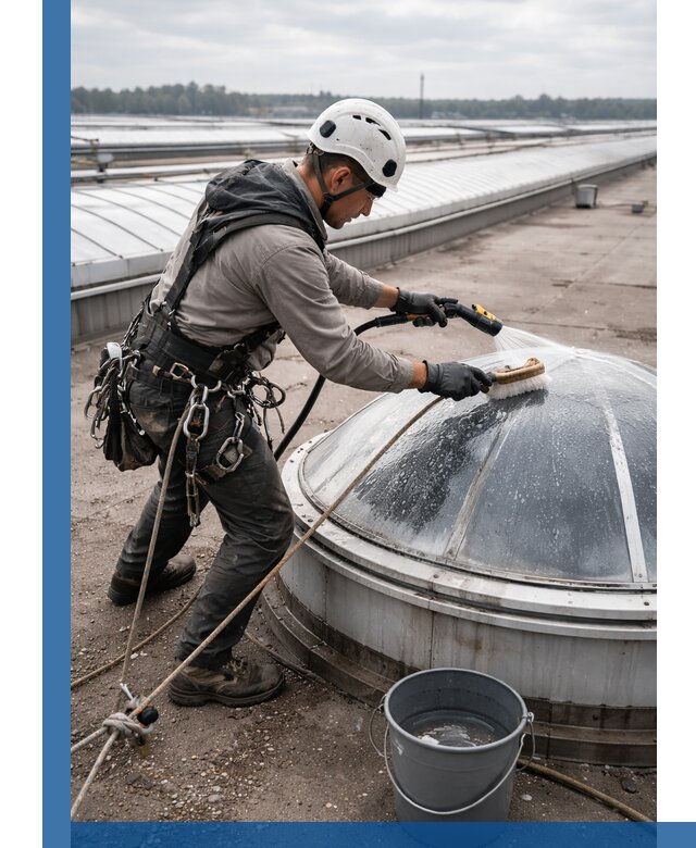 Мойка зенитных фонарей на кровле для промышленных объектов в Боровичах