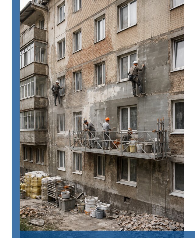 Капитальный ремонт фасада в Боровичах с восстановлением и гидроизоляцией