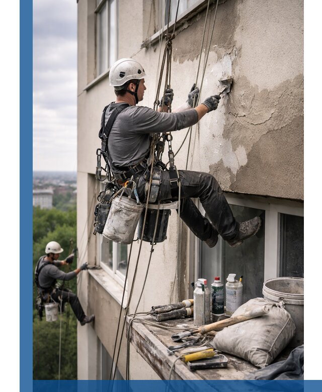 Косметический ремонт фасада зданий в Боровичах промышленными альпинистами