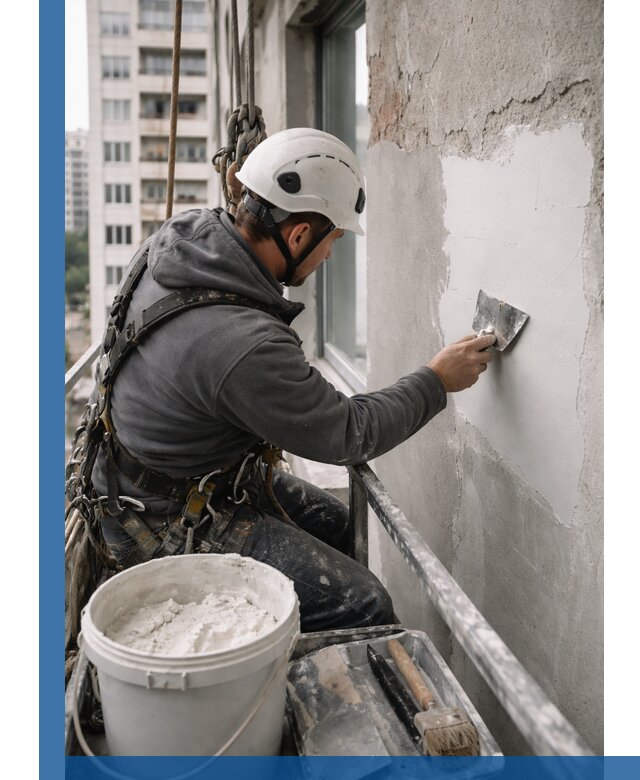 Шпаклевка фасадов на высоте с промальпинистами в Боровичах