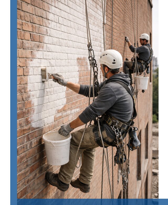Покраска кирпичного фасада с доступным альпинистским сервисом в Боровичах