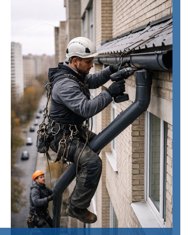 Монтаж водосточной системы на здании в Боровичах от 5212 р. | ВЫСОТНИК-Брв