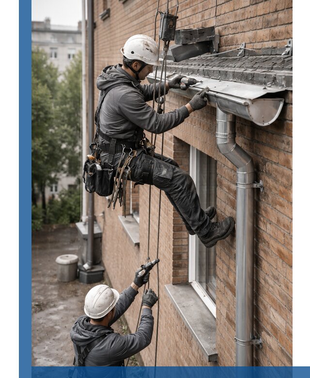 Монтаж водосточной системы на здании в Боровичах под ключ