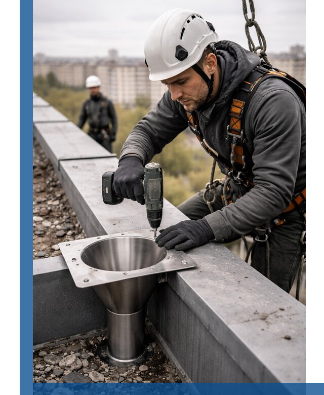 Монтаж водосточных воронок в Боровичах для промышленных зданий