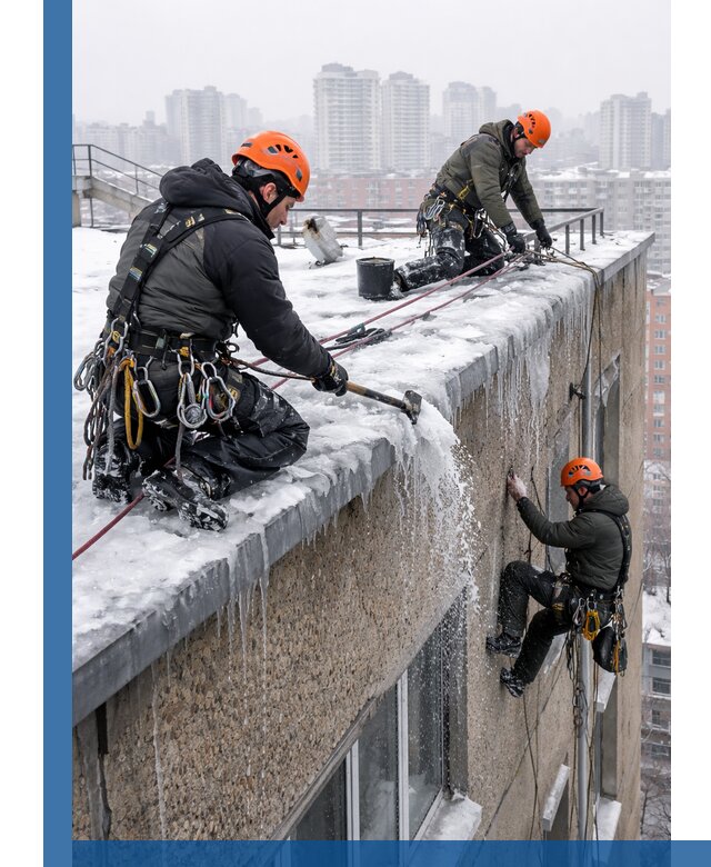 Удаление наледи с кровли в Боровичах промышленными альпинистами