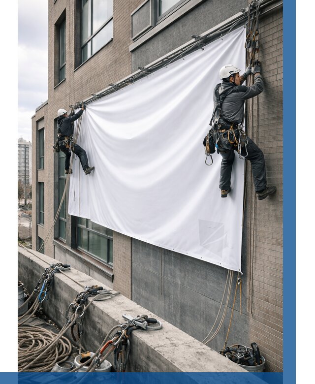 Монтаж баннеров на фасаде в Боровичах от 677 р. заказать ВЫСОТНИК-Брв