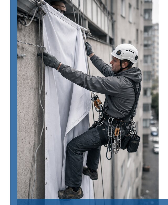 Замена баннерного полотна промышленными альпинистами в Боровичах