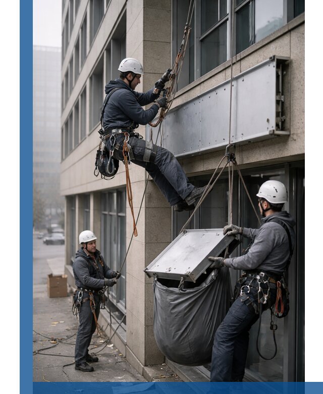 Демонтаж рекламной вывески с высотными работами в Боровичах