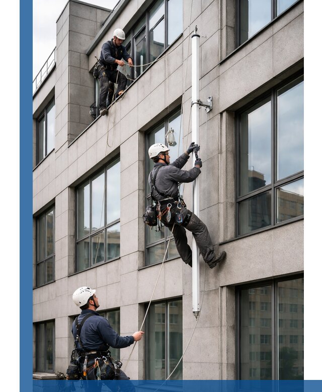 Монтаж флагштока на фасаде здания с креплением и герметикой в Боровичах