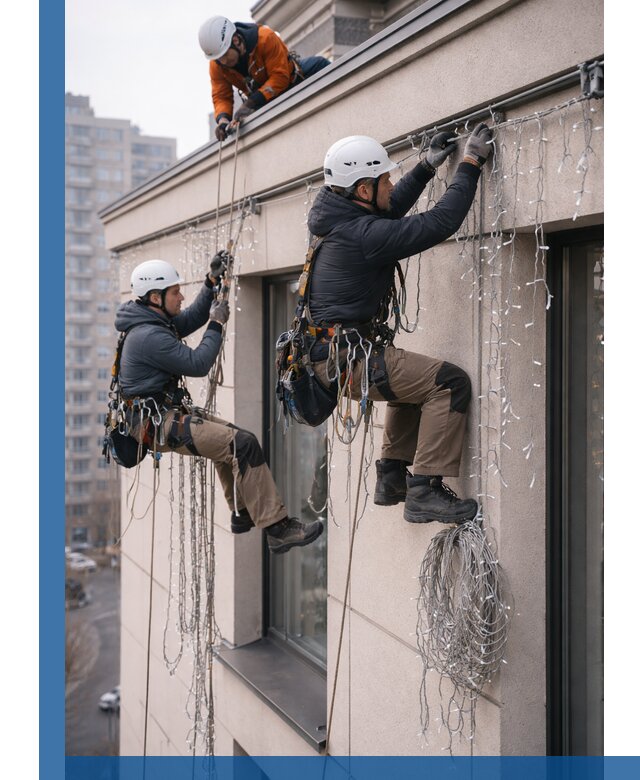 Монтаж праздничных гирлянд на фасаде в Боровичах для зданий