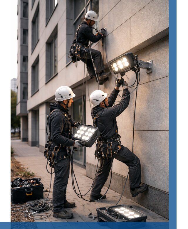 Монтаж прожекторов на фасаде в Боровичах от 7817 р. | ВЫСОТНИК-Брв