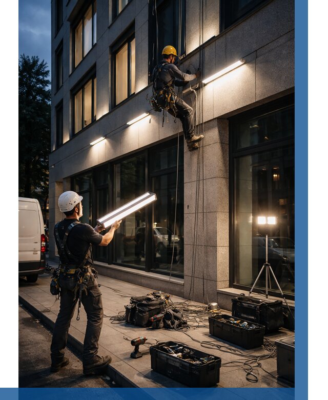 Монтаж архитектурной подсветки здания в Боровичах от 2606 р.|ВЫСОТНИК-Брв