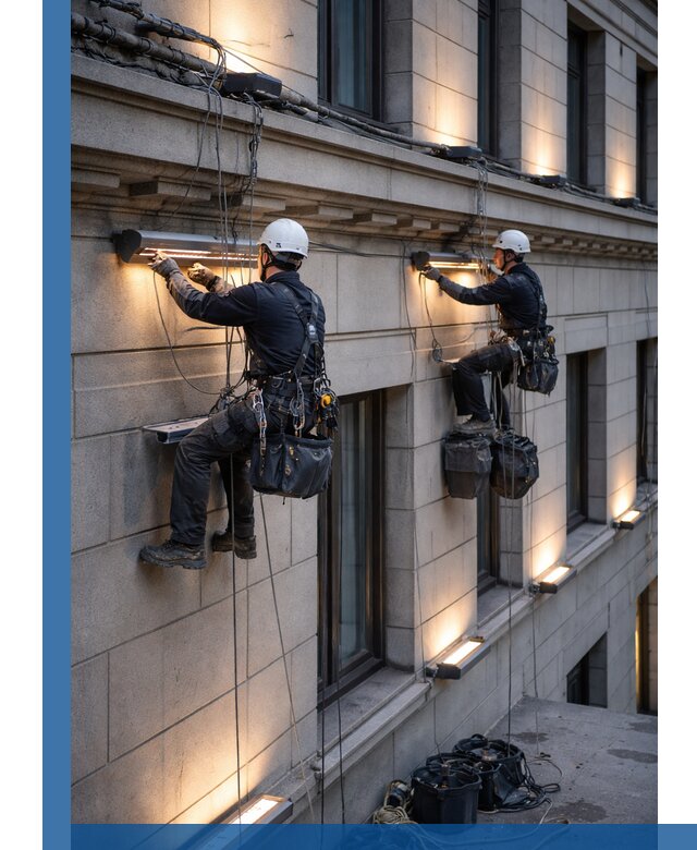 Монтаж архитектурной подсветки фасадов зданий в Боровичах