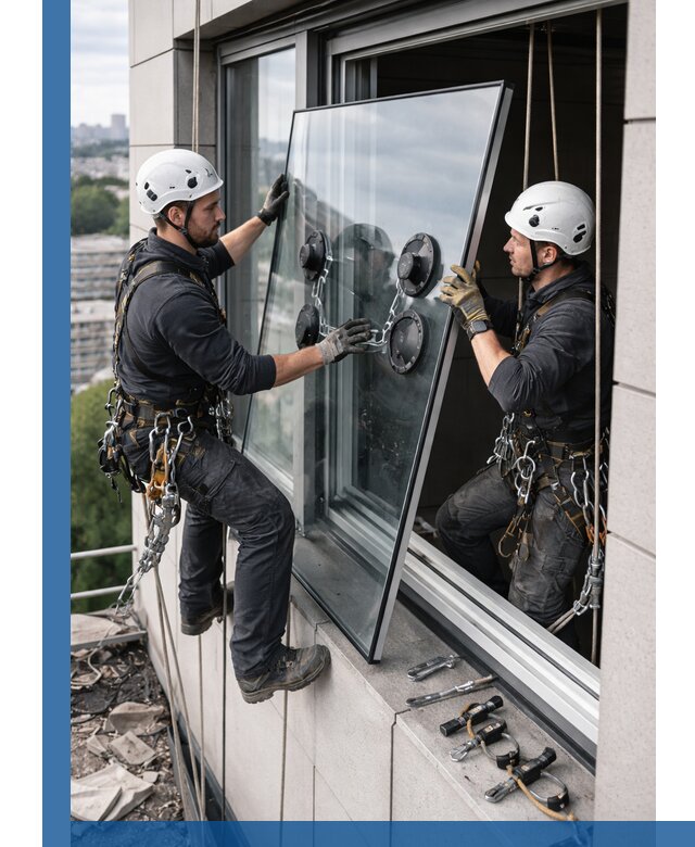 Замена стеклопакетов на высоте с промышленными альпинистами в Боровичах