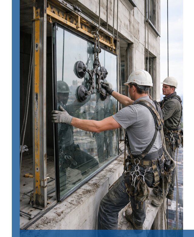 Монтаж стеклопакетов на высоте в Боровичах с промышленным альпинизмом