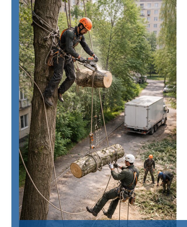 Спил деревьев альпинистами в Боровичах, безопасно и без повреждений