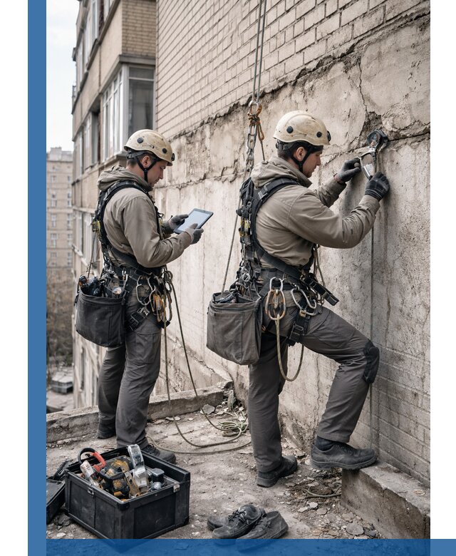 Обследование фасада промышленными альпинистами в Боровичах